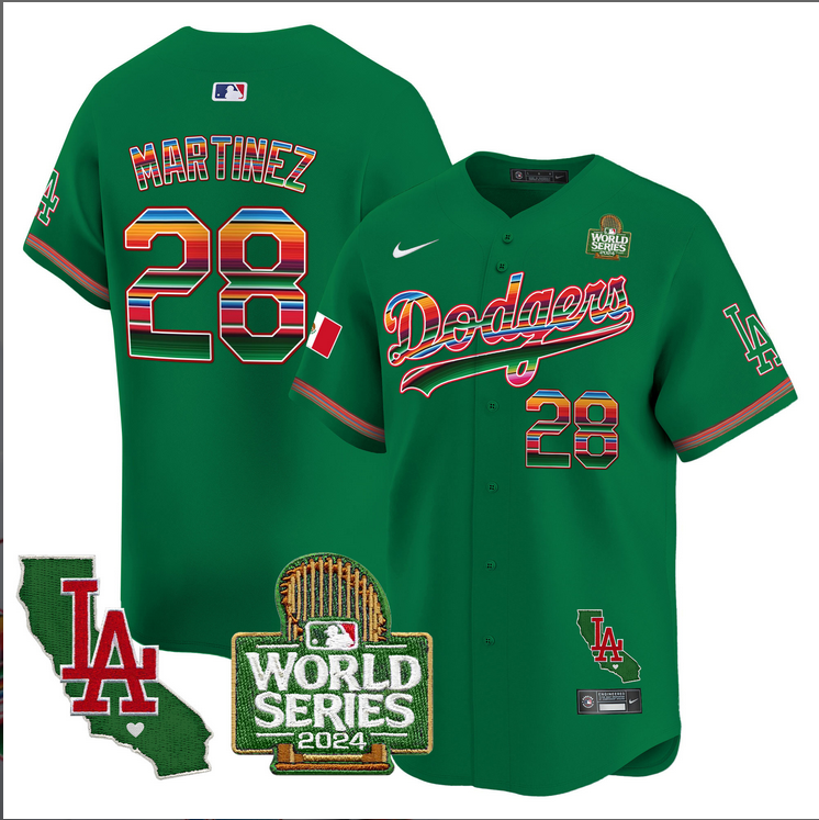 Men MLB Mexico Los Angeles Dodgers 28 Martinez green 2024 World Series Champions Patch Jersey 2024110